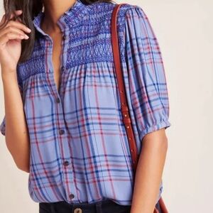 Maeve Anthropologie Lise Smocked Plaid Button Down Top Women’s Small Blue/Red
